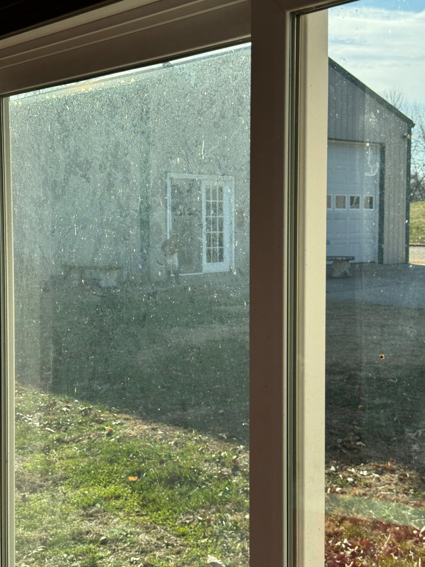 Hazy, dust-streaked glass door panes blocking the view of the yard and shop building